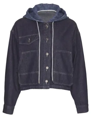 Produktbild von Damen Jeansjacke mit praktischer Kapuze und durchgehender Knopfleiste, blau, Größe S
