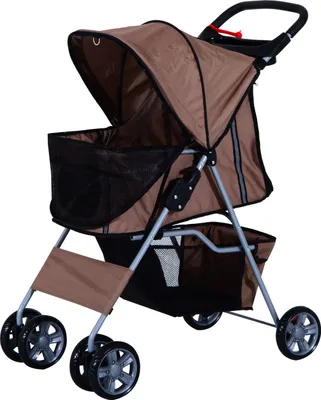 Produktbild von Hundebuggy Hundewagen bis 10 kg Klappbar Bodenkorb 2 Becherhalter Sonnendach Kaffeebraun