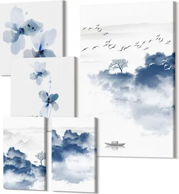 Obrázek produktu pro Obrazy Na Plátně – 5-Dílná Sada – Polycanvas – Moderní Obrazy – Dekorace Na Zeď – Do Obývacího Pokoje – Abstraktní Obrazy – 2x 30x30 cm + 2x 20x30 cm + 1x 40x60 cm – Krajiny s jemnými květinami a klidnými vodami