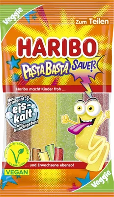 Zdjęcie produktu dla Haribo Pasta Basta extra kwaśne paski gumy owocowej wegańskie 160g