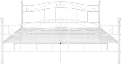 A white metal bed frame is shown against a white background.