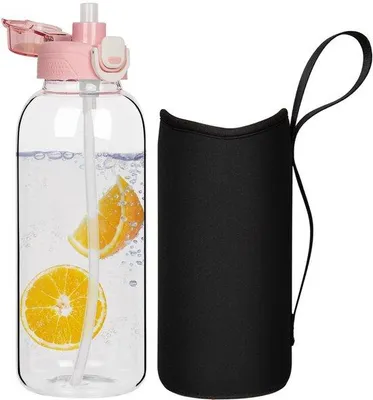 Productafbeelding van DEARRAY 1,5 l glazen waterfles met rietje en neopreen hoes 1,5 liter BPA-vrij grote glazen drinkfles lekvrij