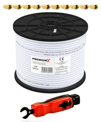 Produktbild von PremiumX 100m BASIC Koaxialkabel 135dB SAT Kabel Abisolierer 10x F-Stecker