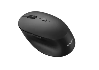 A black Philips wireless mouse is shown from a slightly elevated angle against a white background.