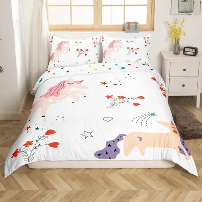 Immagine prodotto di Set di lenzuola con motivo unicorno, per bambine, dimensioni 135x200 cm, in microfibra, multicolore, con 1 federa 80x80 cm