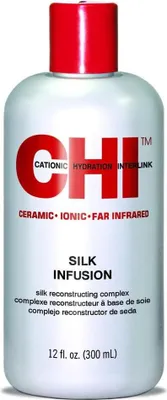 A bottle of CHI Silk Infusion hair treatment on a white background.
