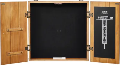 An open wooden dartboard cabinet with a black interior and a chalkboard scoring panel on the right door.