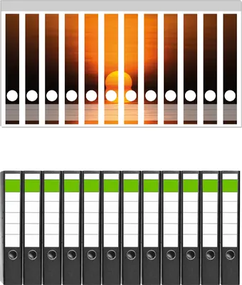 Produktbild von Wallario 12 Stück schmale Ordner inkl. Klebeetiketten mit Motive Sonnenuntergang über dem Wasser II -  Set mit Rückenschildern / Ordnerrücken Stickern