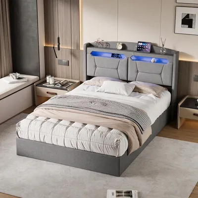 Immagine prodotto di Letto matrimoniale con rete a molle INONEFT, 140x200 cm, con illuminazione LED e porte USB/Type-C, struttura imbottita, contenitore a letto, sistema di sollevamento idraulico, adatto anche per ragazzi, disponibile nei colori: lino e grigio.