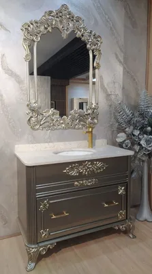 Immagine prodotto di Casa Padrino Set da bagno barocco argento / bianco - 1 lavabo con piano in marmo e lavabo in Vetroceramica e 1 specchio da parete - Magnifico arredo bagno barocco