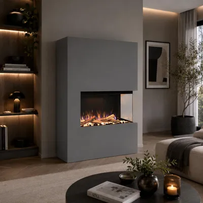 Immagine prodotto di Caminetto elettrico Glow Fire 'Portia' aperto a destra| Caminetto a LED a stelo in grigio con riscaldamento (1500 W) | HxLxP: 140x90x45 cm, Immagine generata dall'IA