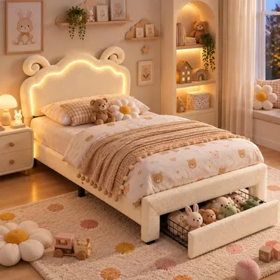 Produktbild von INONEFT Polsterbett 90x200 cm, Kinderbett Bettgestell mit LED-Beleuchtung und Schublade, Einzelbetten mit Höhenverstellbares Kopfteil, TeddystoffBeige