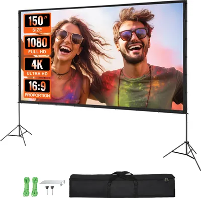 Zdjęcie produktu dla Ekran do projektora VEVOR ze stojakiem 150 cali Ekran do projektora HD 4K do zastosowań zewnętrznych i wewnętrznych Szybko składany przenośny ekran filmowy 16:9 do kina domowego, kempingu i imprez rekreacyjnych Czarny