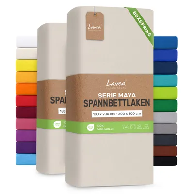 Produktbild von Lavea® 2er Pack Spannbettlaken 180/200x200 cm, Jersey Bettlaken 100% Baumwolle – Boxspringbetten, Wasserbetten, Matratzen bis 35 cm – Creme Naturweiß