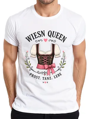Obrázek produktu pro Wiesn Queen, dámské tričko, bílé, velikost S, motiv: , tradiční bavorské motivy (tradiční oděv, koženkové kalhoty, sukně Dirndl)