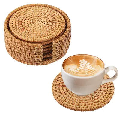 Rattan-Untersetzer Set 6er, braun, rund, handgefertigt, hitzebeständig