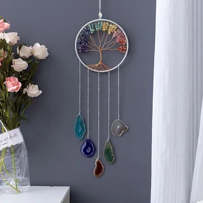 Produktbild von Kristalle Baum des Lebens Traumfänger, natürlicher Edelstein Achat Chakra Schild, Wandbehang, Heimdekoration für Meditation,Yoga Wandkunst,Mandala Ornamente für Schlafzimmer (7 Chakra-Kristalle)