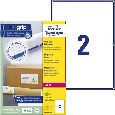 Produktbild von Avery L7168-100, Weiß, Rechteck, Permanent, DIN A4, Universal, Papier