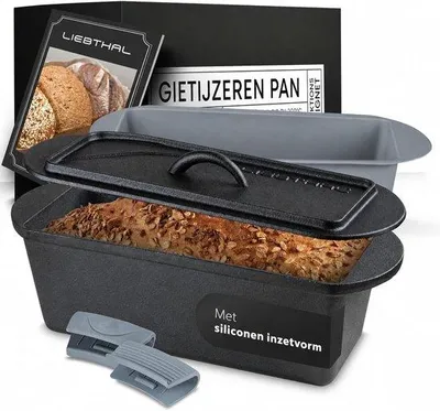 Zdjęcie produktu dla Forma do pieczenia z pokrywką - czarna - 3,5 l - Garnek żeliwny z wkładem silikonowym - do pieczenia, duszenia i pieczenia w piekarniku