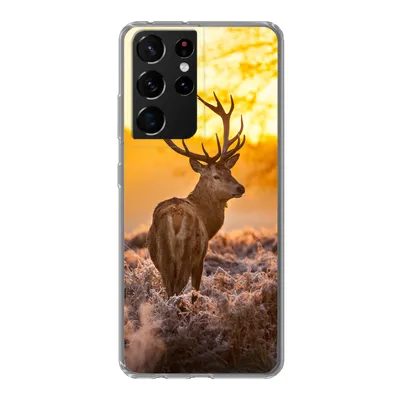 Produktbild von MuchoWow® Handyhülle Schutzhülle Hülle für Samsung Galaxy S21 Ultra Hirsche - Tiere - Sonnenuntergang - Winter - Heidekraut - Natur Silikon Softcase Handy Hülle - Mobiltelefon