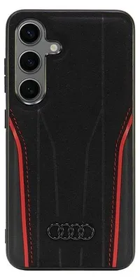 A black phone case with red accents and the Audi logo.