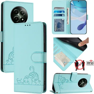 Produktbild von Leder Hülle für Realme 12 5G Süße Katze Flip Case Brieftasche Schutzhülle mit Standfunktion hellgrün
