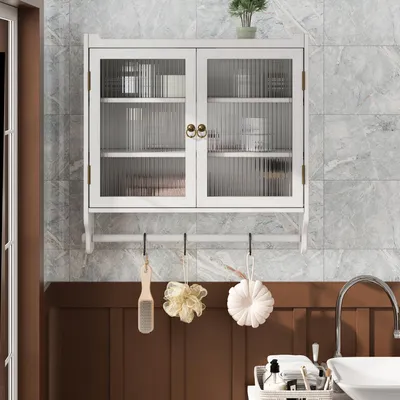 Produktbild von Wandschrank - 60 cm weiß - mit Handtuchhalter & 3-stufige Lagerung - geriffeltes Glas