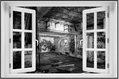 Produktbild von Wallario Wandbild mit Fenster-Illusion: Alte verlassene Fabrik in schwarz weiß mit Graffiti, Größe: 61 x 91,5 cm, Poster mit schwarzem Aluminiumrahmen