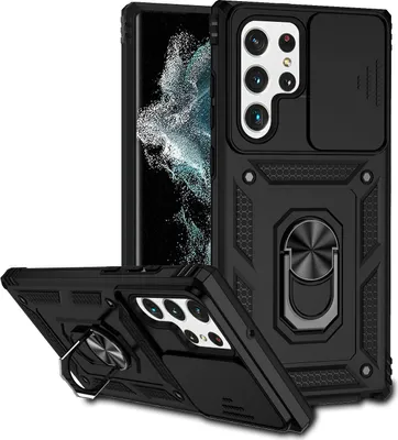 Immagine prodotto di Custodia per Samsung Galaxy S22 Ultra 5G a doppio strato con copertura scorrevole della fotocamera e supporto ad anello nero