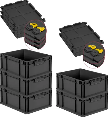 Produktbild von SuperSparSet 5x Eurobox NextGen Grip mit Scharnierdeckel und gelben Schiebeschnappverschlüssen | HxBxT 17x30x40cm | 16 Liter | Schwarz | Griffe geschlossen | Eurobehälter, Transportbox, Transportbehälter, Stapelbehälter