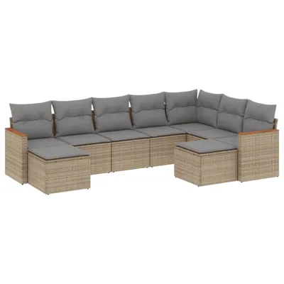 Produktbild von Modulares Garten-Sofa Set 9-tlg., Poly Rattan Beige, mit Stauraum, wasserabweisendem Beutel, UV-beständig, Kissen Hellgrau