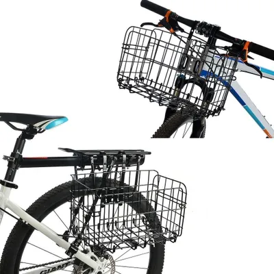 Image de lot de 2 paniers à vélo universels pliables pour l'avant et l'arrière - capacité de charge : 25 kg panier arrière amovible noir porte-sacs vélo de ville avec 2 crochets fixation sur le guidon ou le porte-bagages
