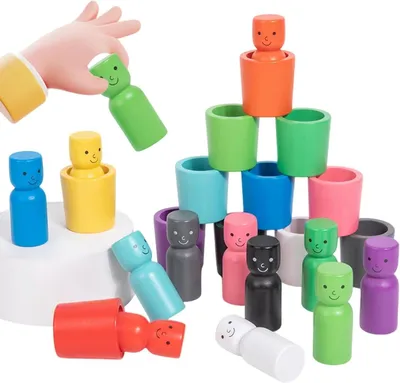 Zdjęcie produktu dla Zabawka edukacyjna – drewniane kubeczki do sortowania – układanka kolorów – rozwój poznawczy – poprawa koordynacji ruchowej – wymiary: 18 x 123 x 72 cm – wielokolorowa