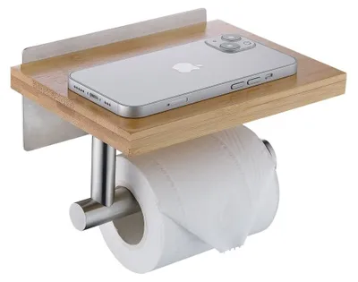 Image de Porte-rouleau de papier toilette avec étagère en bambou naturel