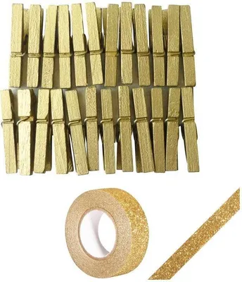 Produktbild von 24 mini Wäscheklammern Gold + Golden glitter band 5 m