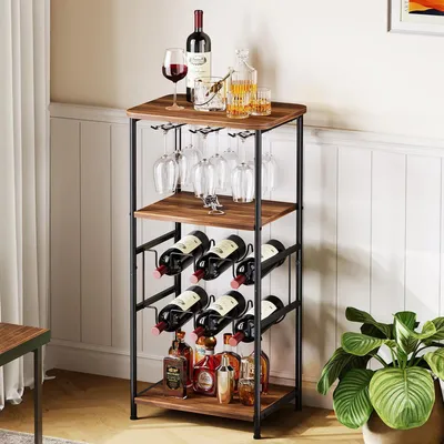 Produktbild von Weinregal freistehend 5 Etagen mit Glashalter und Tischplatte für 6 Flaschen Vintagebraun-schwarz 40 x 30 x 80.5 cm
