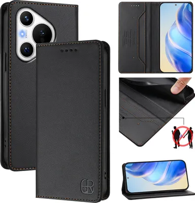Obrázek produktu pro Kožené pouzdro pro Huawei Pura 70, flipové pouzdro s přihrádkami na karty, peněženkou a stojánkem Černý