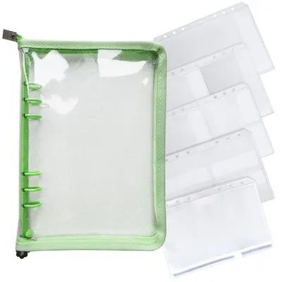 Immagine prodotto di Cartella ad anelli A5 con cerniera, trasparente, verde, in PVC, con 6 anelli, inclusa di 10 buste portadocumenti
