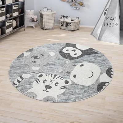 Produktbild von Kinderteppich Kinderzimmer Outdoorteppich Rund Spielteppich Modern Tiere Grau Grösse Ø 120 cm Rund