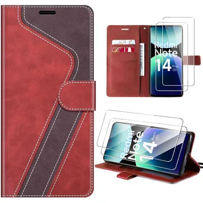 Image de Coque + 2 Verres Trempés pour Xiaomi Redmi Note 14 Pro Plus 5G, Cuir Synthétique Anti-Rayures Rouge