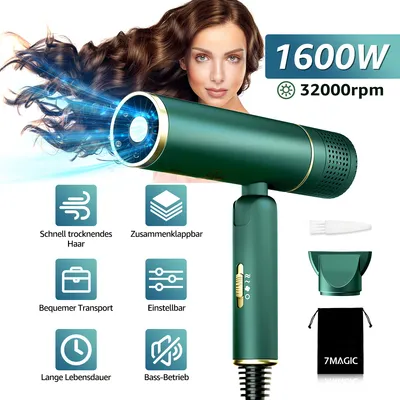 Produktbild von 7 Magic Föhn Fön mit einzigartigem 32,000RPM Bürstenlosem Geräuscharm Motor, 1600W Luftstrom für Schnelle Trocknung, Innovativer Mikrofilter(Grün)