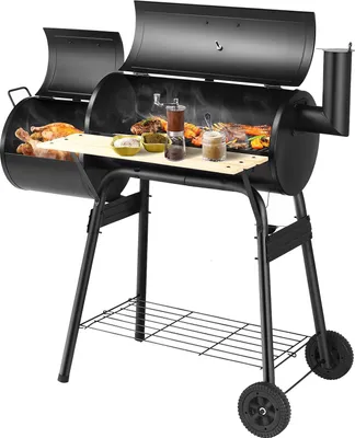 A black charcoal grill with food cooking inside, set against a white background.