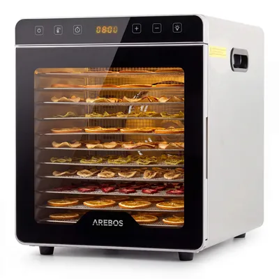 Produktbild von AREBOS Dörrautomat 800W 29L mit 12 Edelstahlgittern, 30–85°C Temperaturregelung, Touchdisplay, 24h Timer, LED, inkl. Silikon-Zubehör