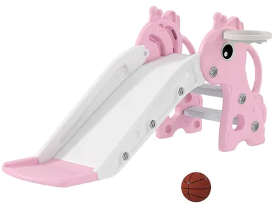 Produktbild von 3-in-1 Rutsche für Kinder, Giraffenform, Basketballkorb, Ball, Rosa