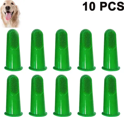 Produktbild von Fingerzahnbürste für Hunde zur einfachen Zahnreinigung und Bekämpfung von Mundgeruch. Verwendung mit Hundezahnpasta für optimale Zahnpflege. 10er-Pack für kleine und mittelgroße Finger.