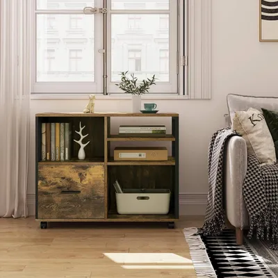 A storage unit with shelves and a drawer is placed next to a sofa in a room with a window.