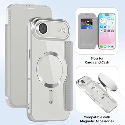 Image de Étui pour iPhone Air compatible avec MagSafe, étui transparent avec porte-cartes, étui en cuir avec protection pour l'appareil photo - Argent