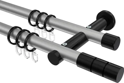 Produktbild von Interdeco Gardinenstange / Vorhangstange Silbergrau / Schwarz, Typ Platon Elanto (Rillenzylinder), 20 mm Ø 2-läufig, 200 cm