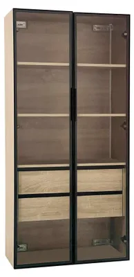 Image de Armoire pour salle de bain et salon - Armoire haute en verre - Barre lumineuse LED - 2 grands tiroirs - 2 portes en verre - 74 x 36 x 155 cm