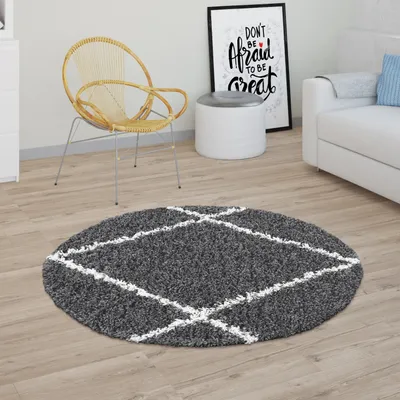 Immagine prodotto di Tappeto a pelo lungo per soggiorno Shaggy motivo a rombi scandinavo, moderno grigio scuro Dimensioni Ø 200 cm rotondo